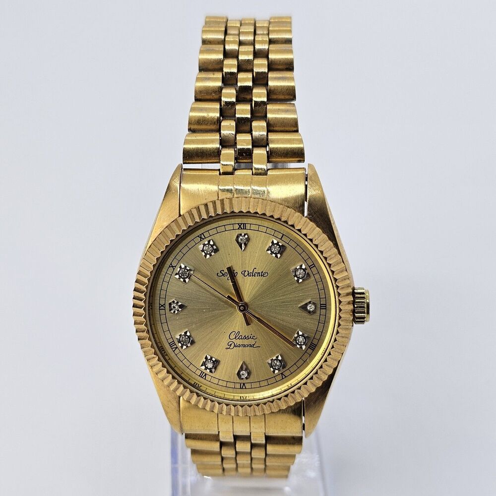 VTG Sergio Valente Watch 36MM Gold Dial Gold‎ Bracelet Diamonds 7.5" NewBattery